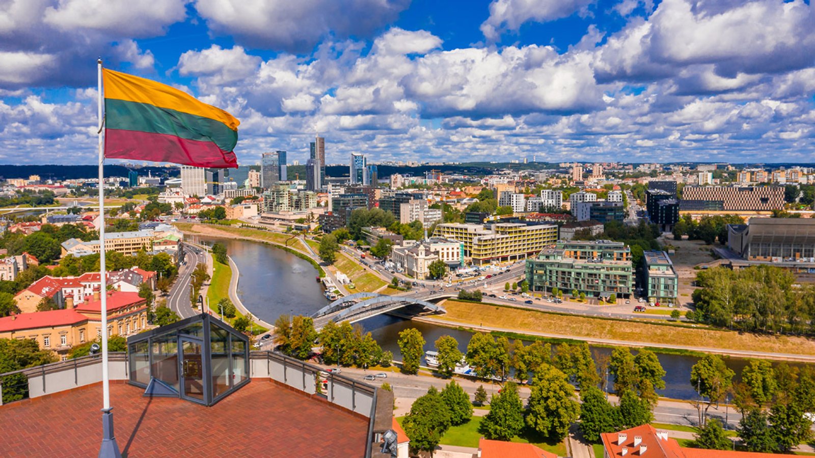 Flag of Lithuania over old town of Vilnius.